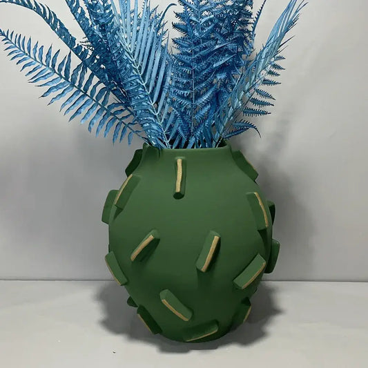 Green cactus-shaped ceramic vase with beige rectangular accents for decorbites geometric block living room decor