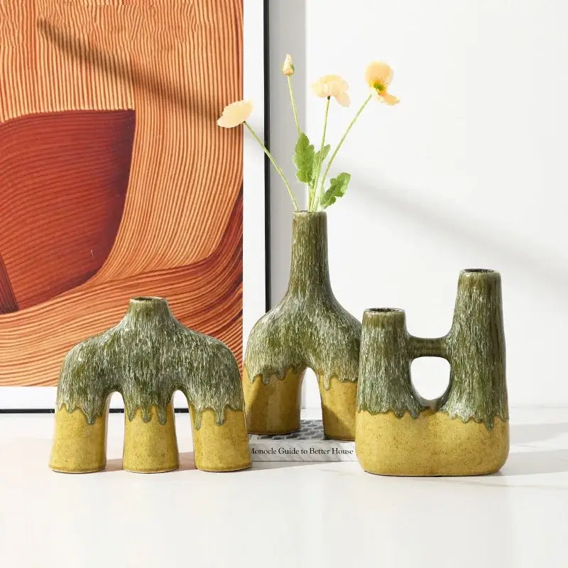 Three uniquely shaped glaze ceramic vases with green and yellow kiln-changing glaze for living room decorbites abstract design