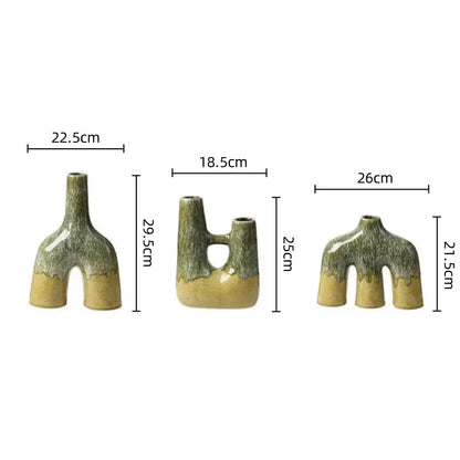 Three uniquely shaped abstract green and beige glaze ceramic vases with kiln-changing glaze for living room decorbites decor