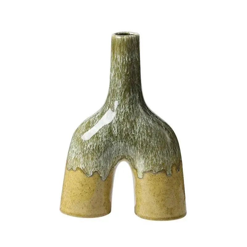 A glaze ceramic vase with a split base and textured green and beige kiln-changing glaze for living room decorbites abstract