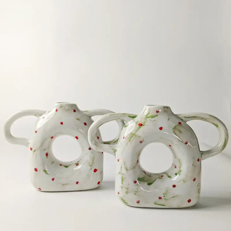 White ceramic abstract handle ceramic vases with red dots and green leaf decor for living room decorbites abstract handle set