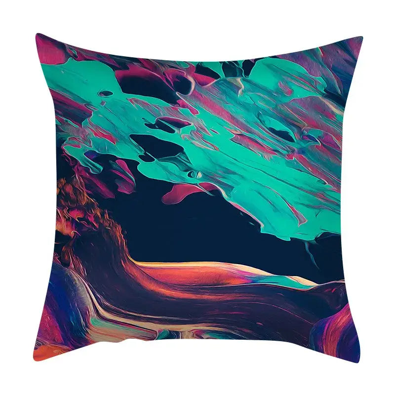 Vibrant decorbites abstract ink marbling cushion cover with swirling teal magenta and orange on dark navy for living room decor