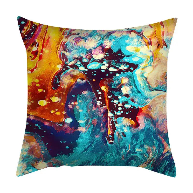 Vibrant abstract ink marbling cushion cover with swirling teal orange and gold patterns for living room decorbites throw pillow