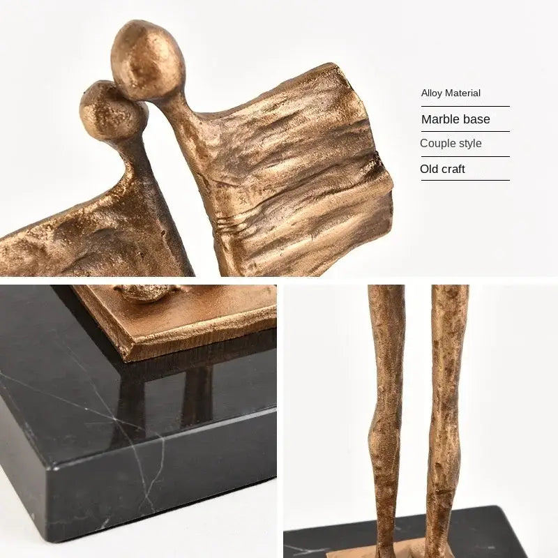 Bronze-colored abstract iron cast couple sculpture on black marble base for decorbites abstract iron living room decor