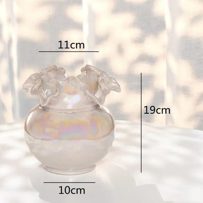 Abstract irregular white decorbites ceramic shell vase with iridescent glass ruffled petal rim for living room decor