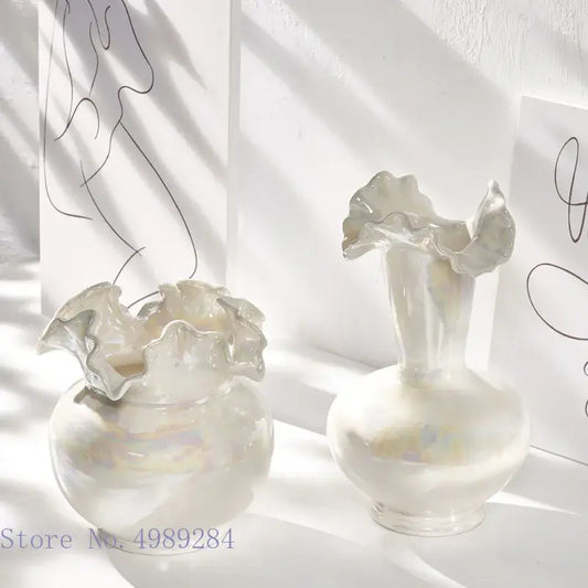 Two iridescent white decorbites ceramic shell vases with ruffled leaf-like rims for living room decor