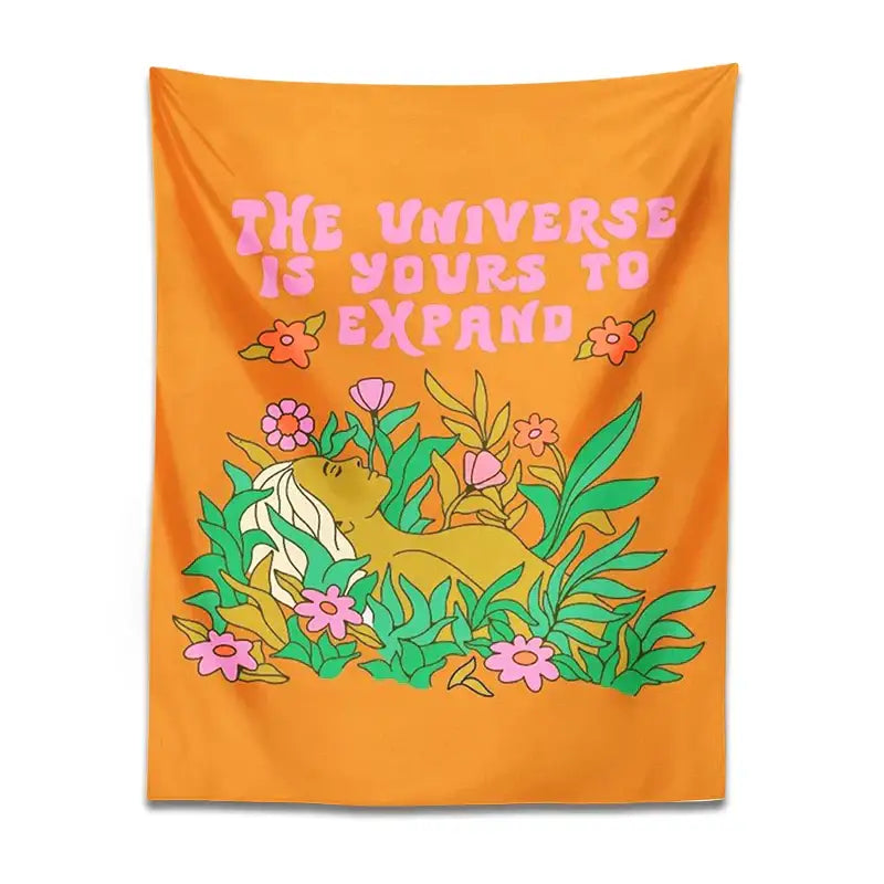 Vibrant orange abstract landscape flower tapestry featuring stylized figure and bold pink text for bedroom wall decorbites abstract landscape