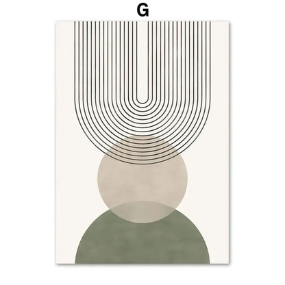 DecorBites™ abstract geometric canvas wall art with minimalist black curved lines and beige olive green shapes on cream background