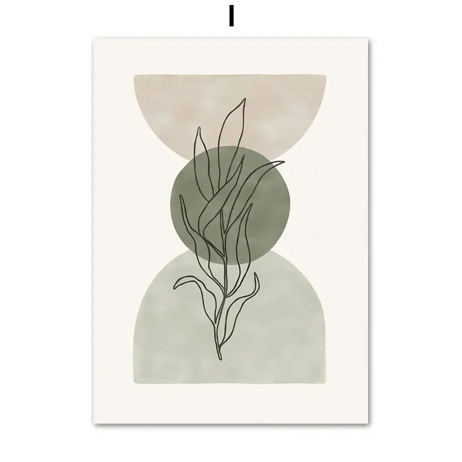 DecorBites™ abstract geometric wall art canvas painting with delicate line foliage and layered muted green and beige shapes