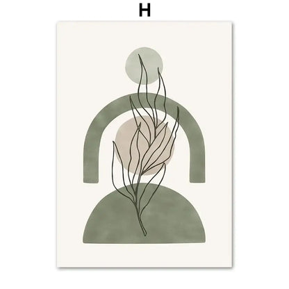 Decorbites™ abstract geometric canvas painting featuring minimalist stylized plant with black lines on sage green wall art