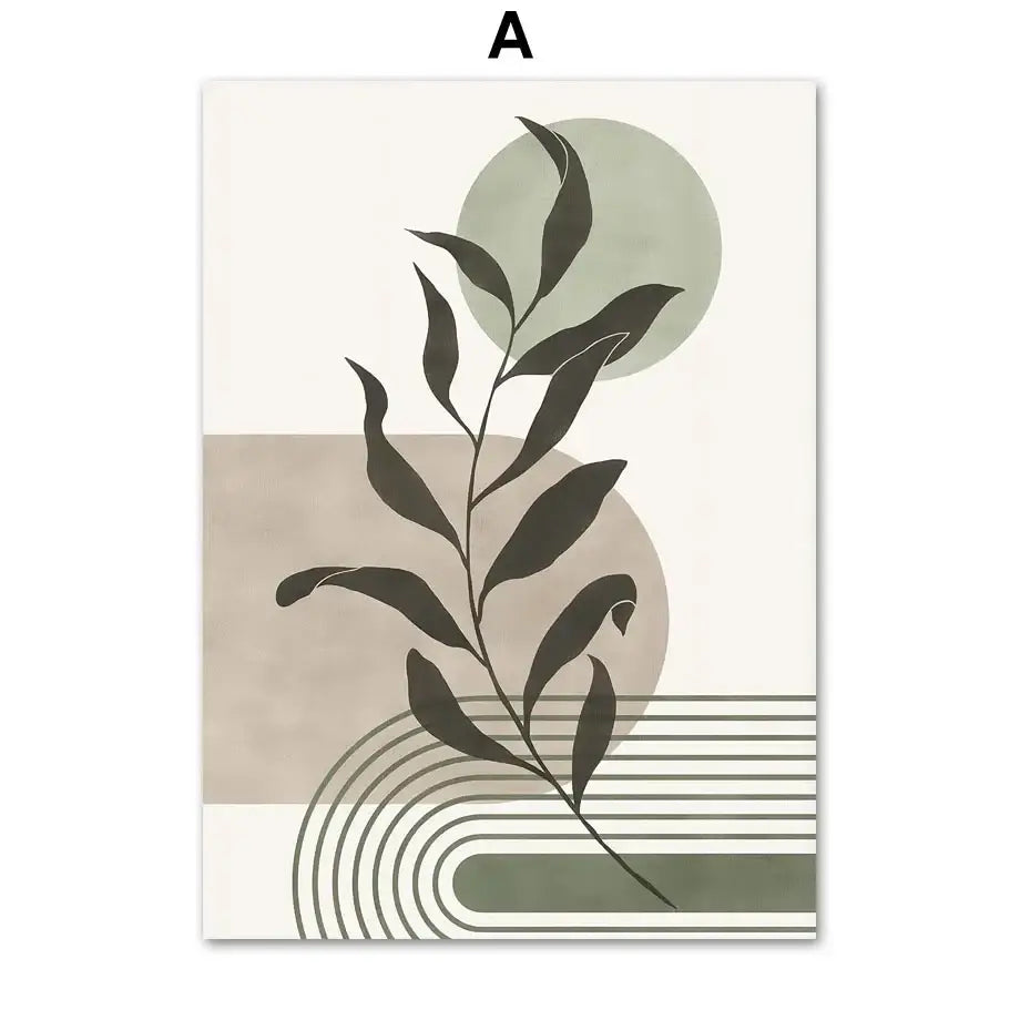 DecorBites™ abstract geometric canvas wall art with a dark green leafy branch on beige olive and gray shapes