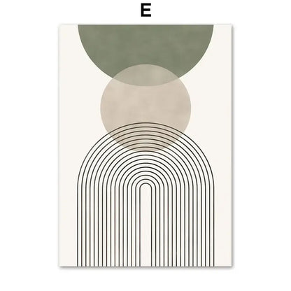 Modern abstract geometric wall art canvas painting featuring muted green and beige circles with black curved lines on off-white background