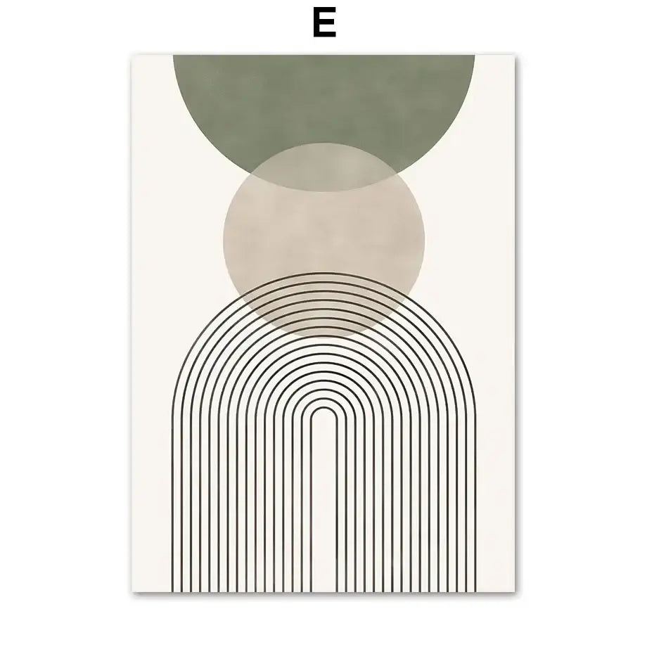 Modern abstract geometric wall art canvas painting featuring muted green and beige circles with black curved lines on off-white background