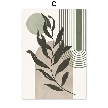 Decorbites™ abstract geometric canvas wall art featuring a dark green leafy branch on beige and olive backgrounds