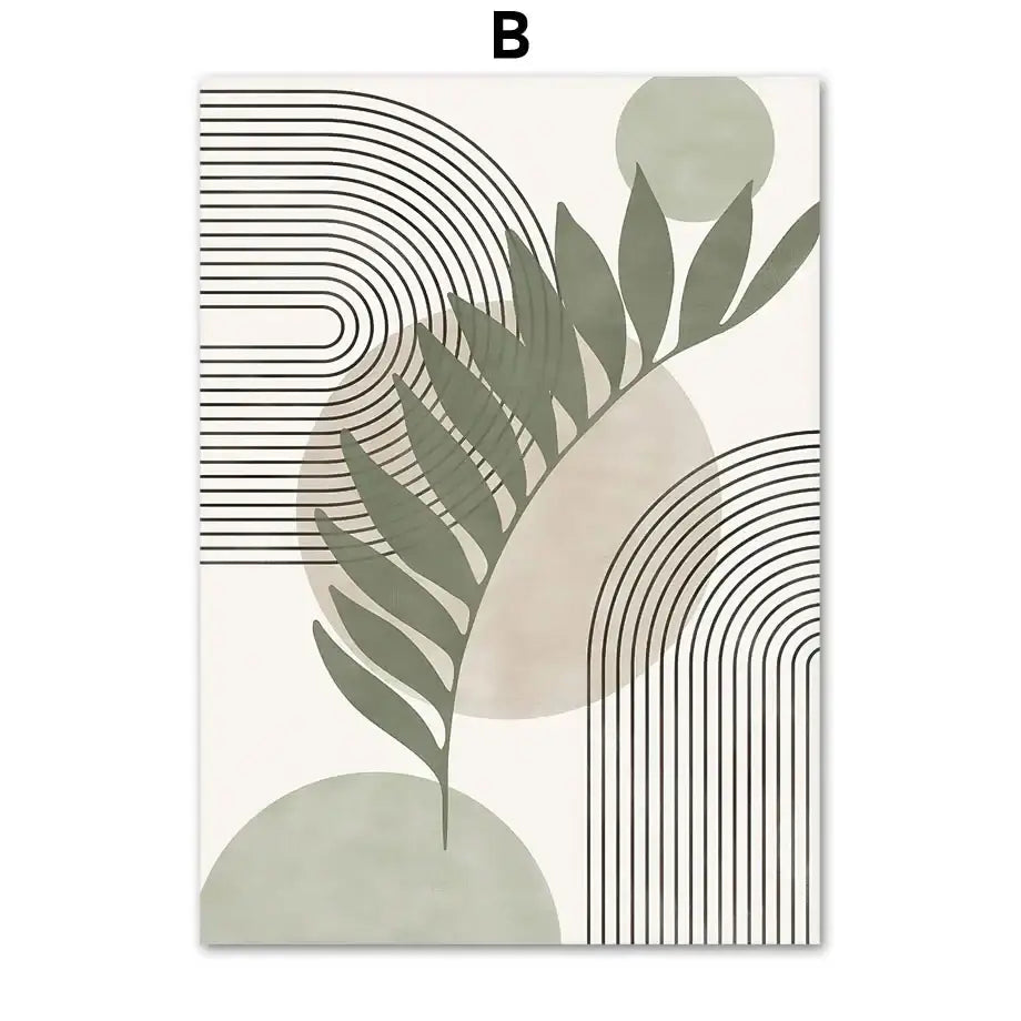 DecorBites™ abstract geometric canvas wall art featuring a stylized green leaf and muted beige gray shapes