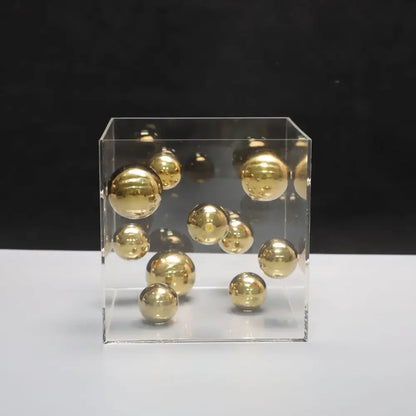 Clear acrylic cube filled with polished gold spheres for decorbites abstract metal ball artworks red and blue living room decor cube