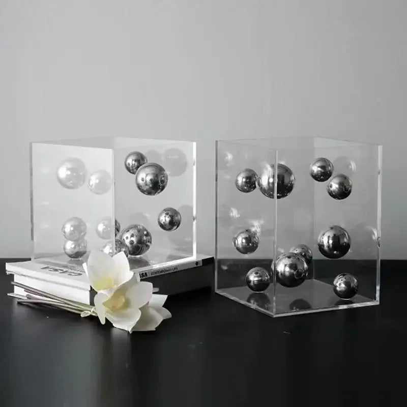 Clear acrylic cube bookends with embedded reflective silver spheres for decorbites abstract metal ball artworks living room decor