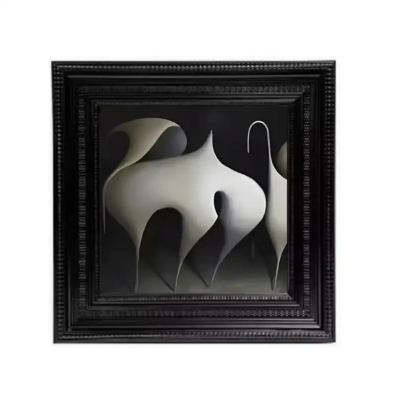 Black-framed abstract modern wall art with three flowing white forms for decorbites abstract modern living room decor