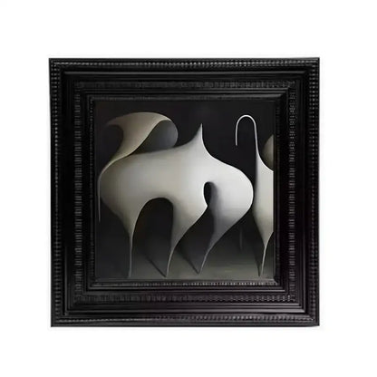 Black-framed abstract modern wall art with three flowing white forms for decorbites abstract modern living room decor
