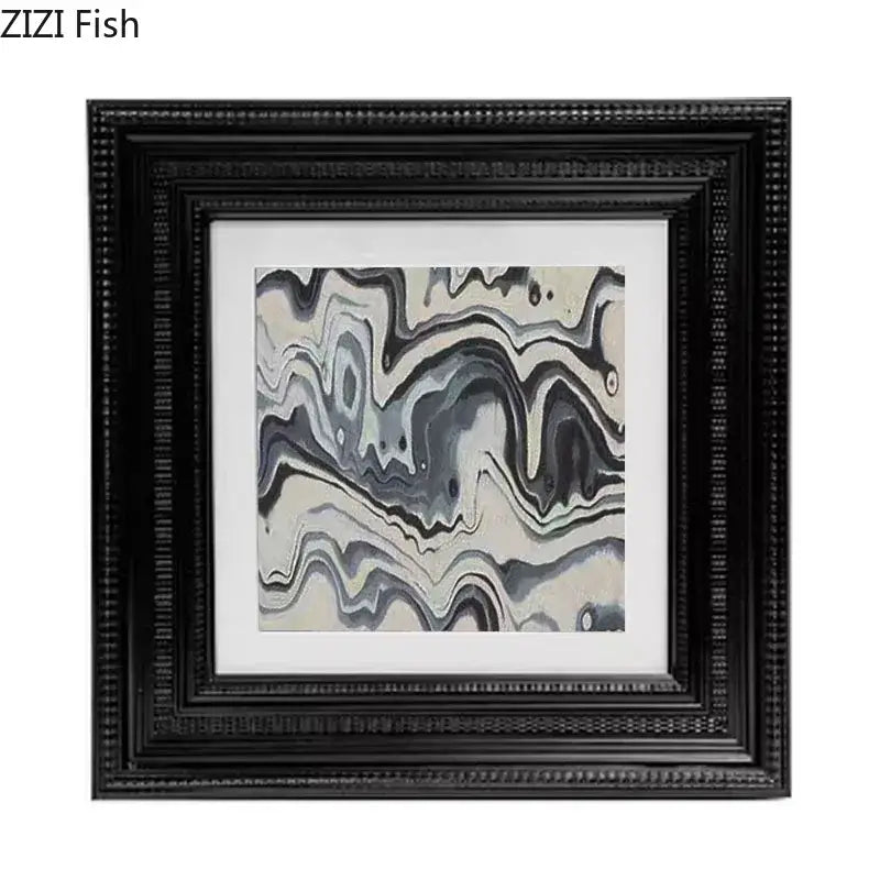 Black framed decorbites abstract modern wall art with swirling gray white and black patterns for living room decor