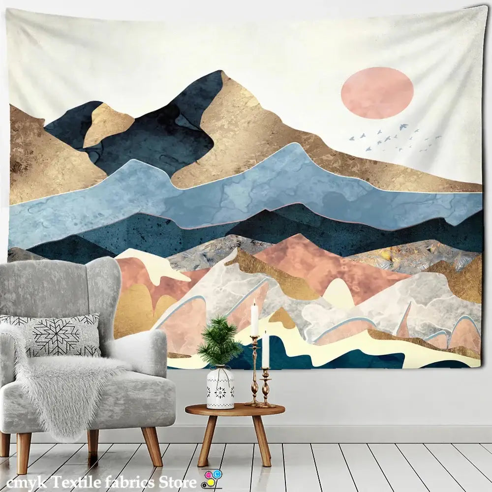 A stylish abstract mountains oil painting wall hanging with layered navy gold and blue peaks and a soft pink sun on cream