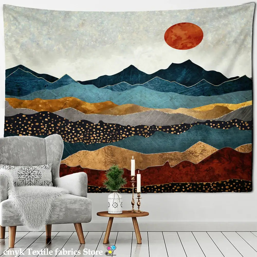 Abstract mountains oil wall hanging with stylized blue gold and red mountain range under an orange sun for bedroom decor