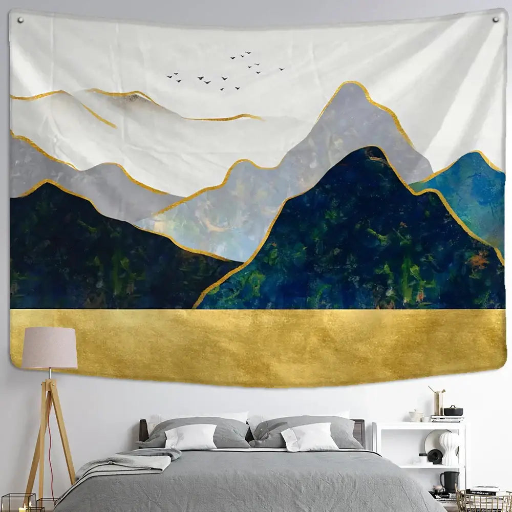 Abstract mountains oil painting wall hanging with layered deep blue and gray peaks accented by gold for bedroom decor