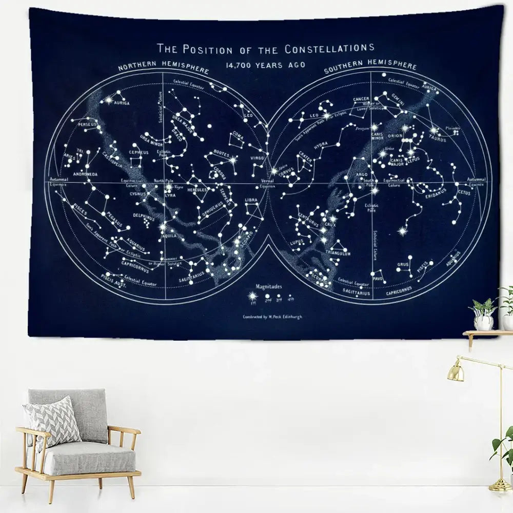 Abstract navy blue cosmic constellation compass tapestry featuring intricate white star maps for bedroom decor