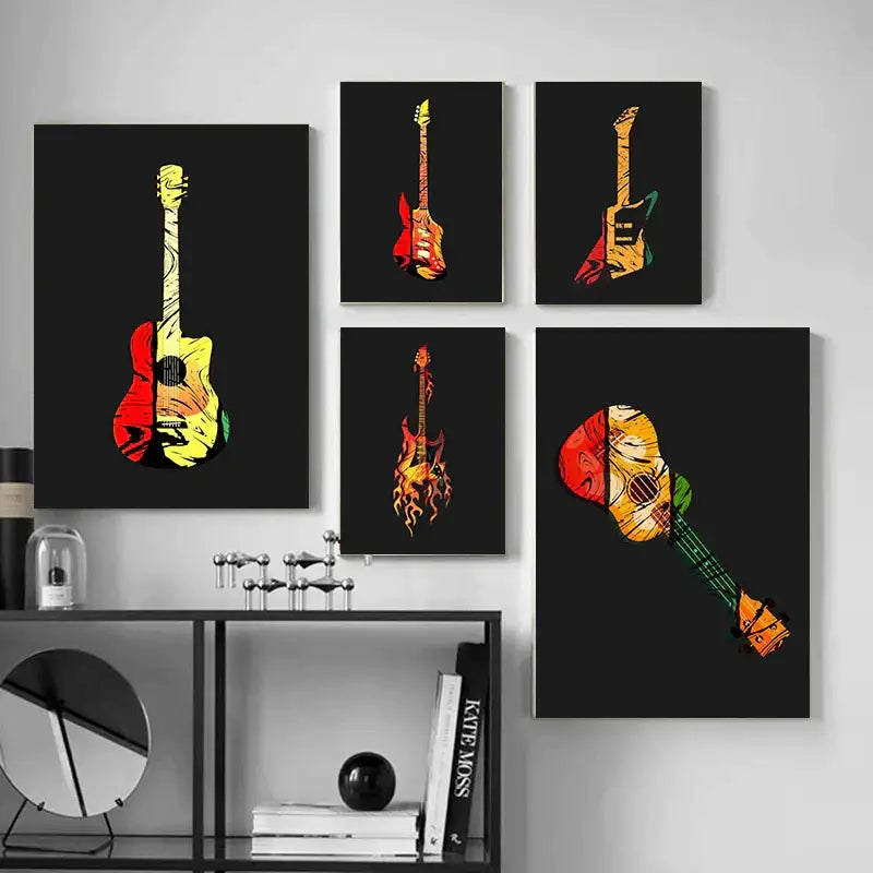 Set of five vibrant abstract electric guitar canvas prints with bold red yellow and green designs for living room wall art