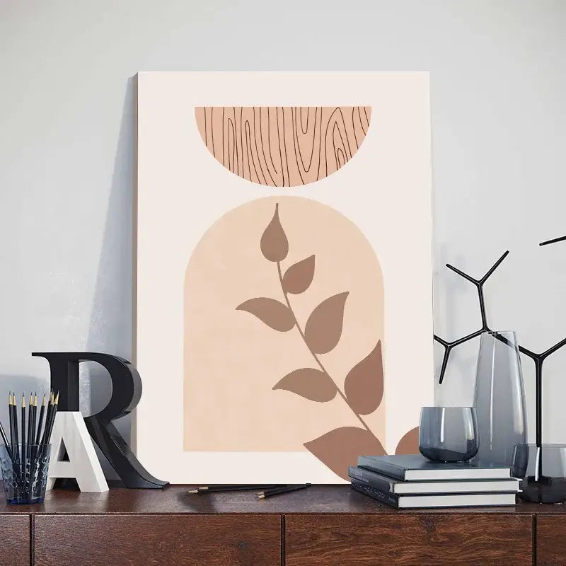Decorbites™ abstract orange leaf posters set featuring minimalist beige canvas with muted brown botanical elements