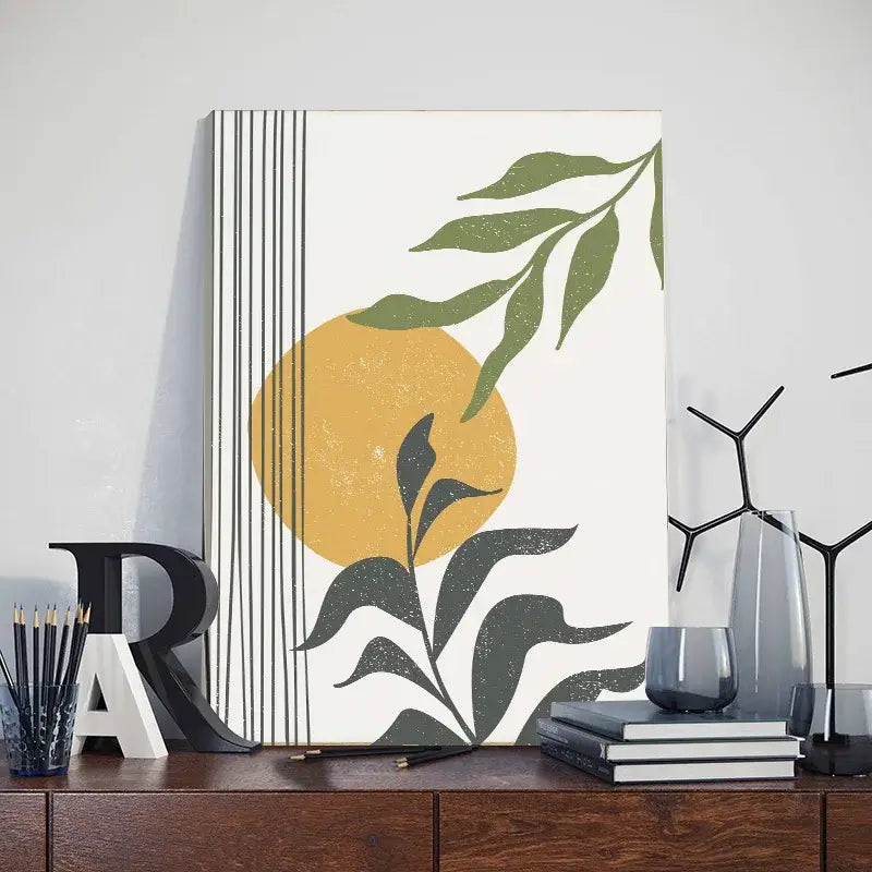 Decorbites™ abstract orange leaf posters set featuring modern canvas prints with stylized green and black leaves on white