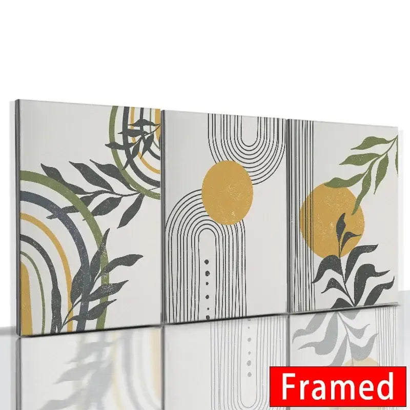 Modern three-panel DecorBites™ abstract orange leaf posters set with botanical and geometric patterns in black and mustard yellow