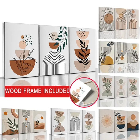 Decorbites™ abstract orange leaf posters set featuring modern abstract wall art panels with earthy beige brown and green tones