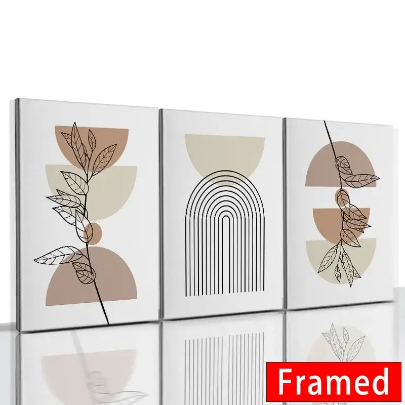 Set of three framed decorbites™ abstract orange leaf posters featuring minimalist botanical designs in beige and taupe