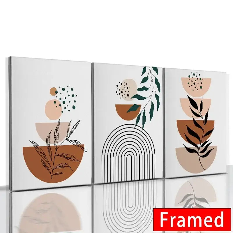 Set of three decorbites™ abstract orange leaf posters featuring modern botanical and geometric designs in earthy tones