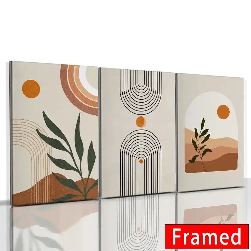 Decorbites™ abstract orange leaf posters set features three-panel minimalist desert art with earthy tones on canvas