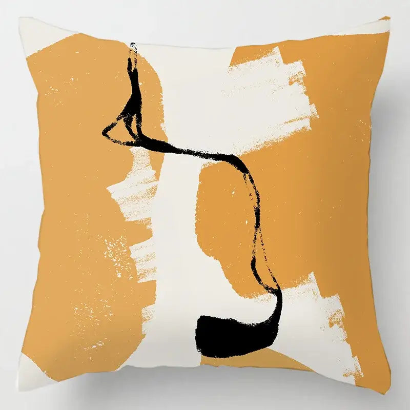 A square cushion cover with bold orange white and black brushstrokes featuring geometric leaves print for living room