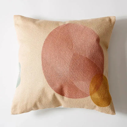 Beige linen cushion cover with blush pink and mustard yellow geometric cushion cover design for living room decorbites decor