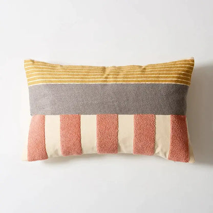 Rectangular abstract pastel geometric cushion cover with mustard yellow gray and terracotta stripes for living room decorbites geometric cushion