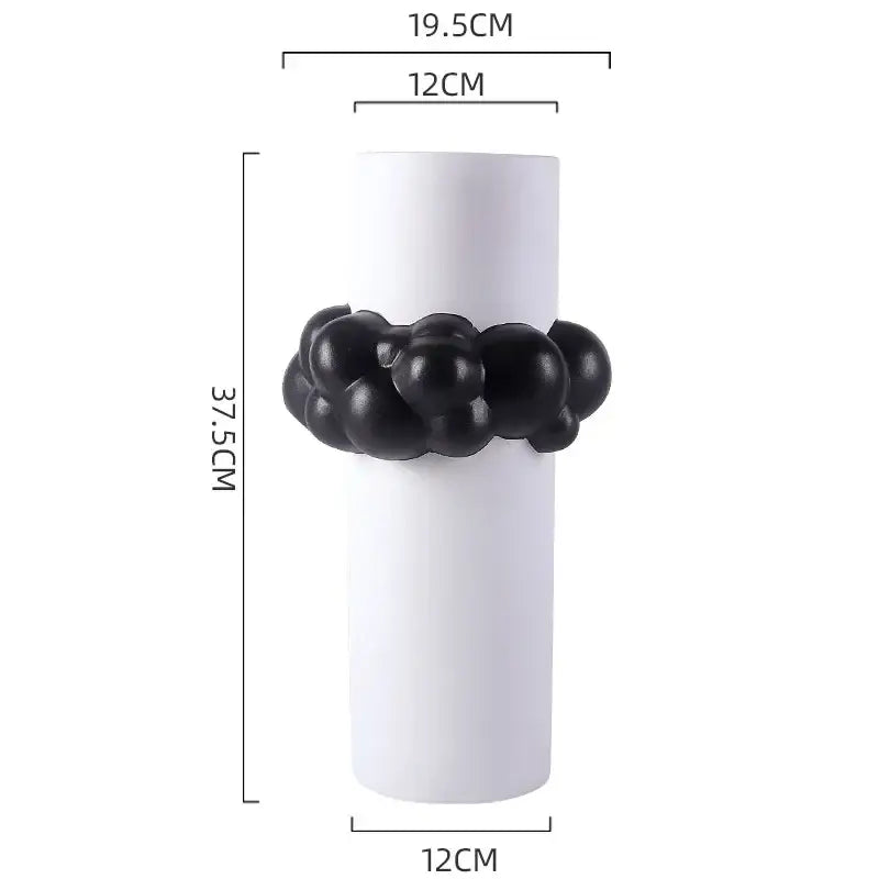 White cylindrical ceramic vase with black glossy bead band midsection abstract patchwork decorbites abstract patchwork ceramic