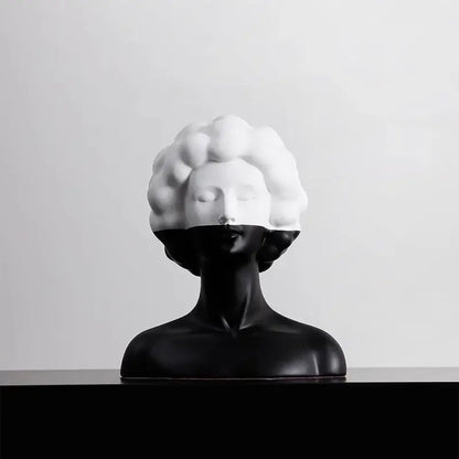 A sleek black and white abstract portrait resin figure with curly hair for modern living room decorbites decor