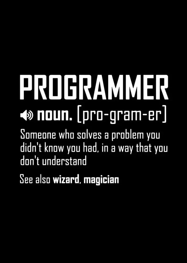DecorBites™ abstract programmer gamer canvas wall art with black background and white text defining programmer noun