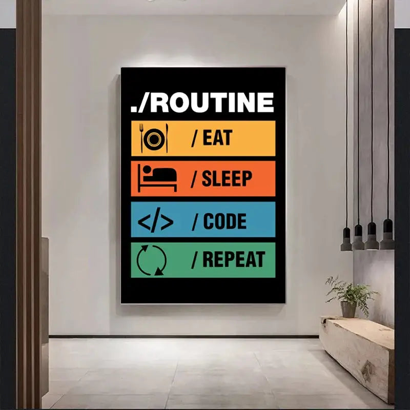 Black framed canvas wall art with bold white text and colorful bars for eat sleep code repeat by decorbites abstract programmer gamer