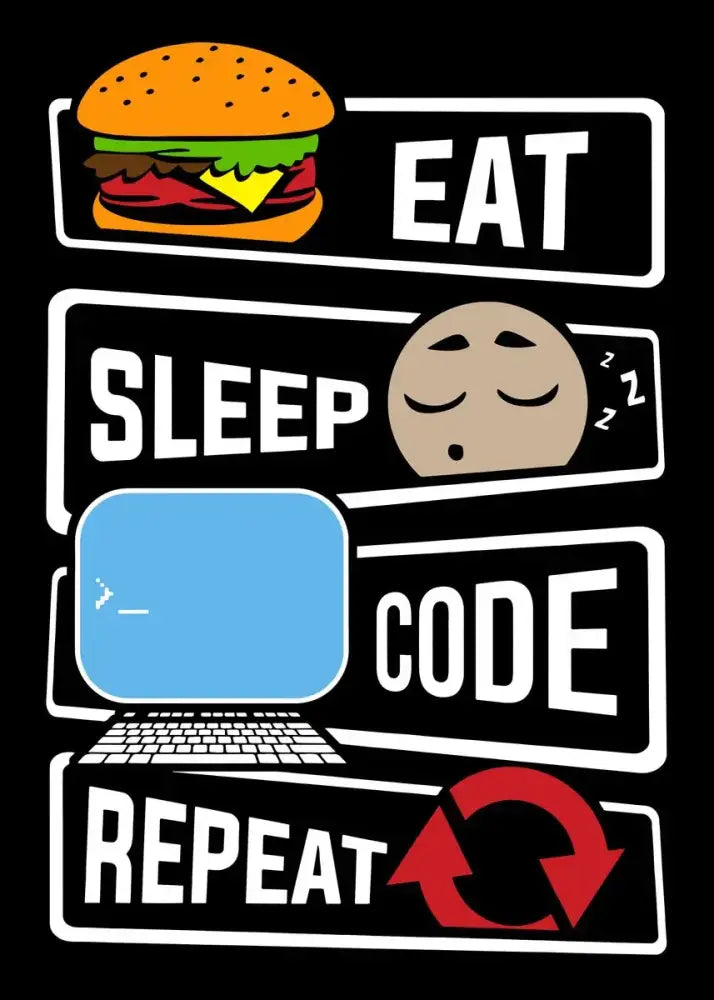 Black notebook cover featuring cartoon hamburger sleeping face and eat sleep code repeat text for abstract programmer gamer use