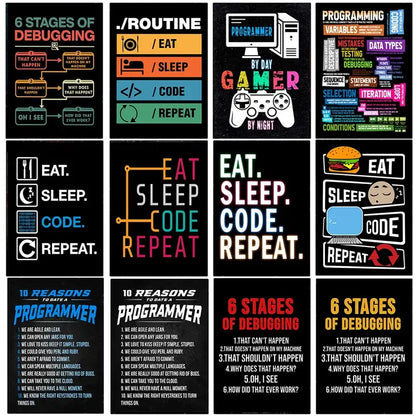 Black DecorBites™ abstract programmer gamer canvas wall art featuring colorful text and graphics on developer life