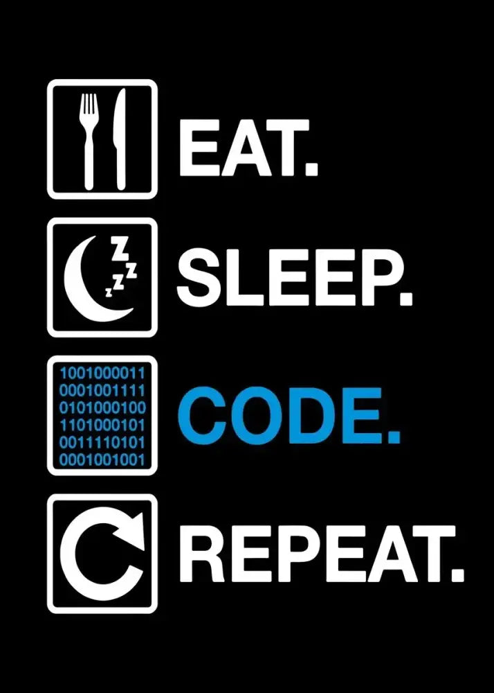 Black DecorBites™ canvas wall art with white and blue text icons eat sleep code repeat for abstract programmer gamer decor