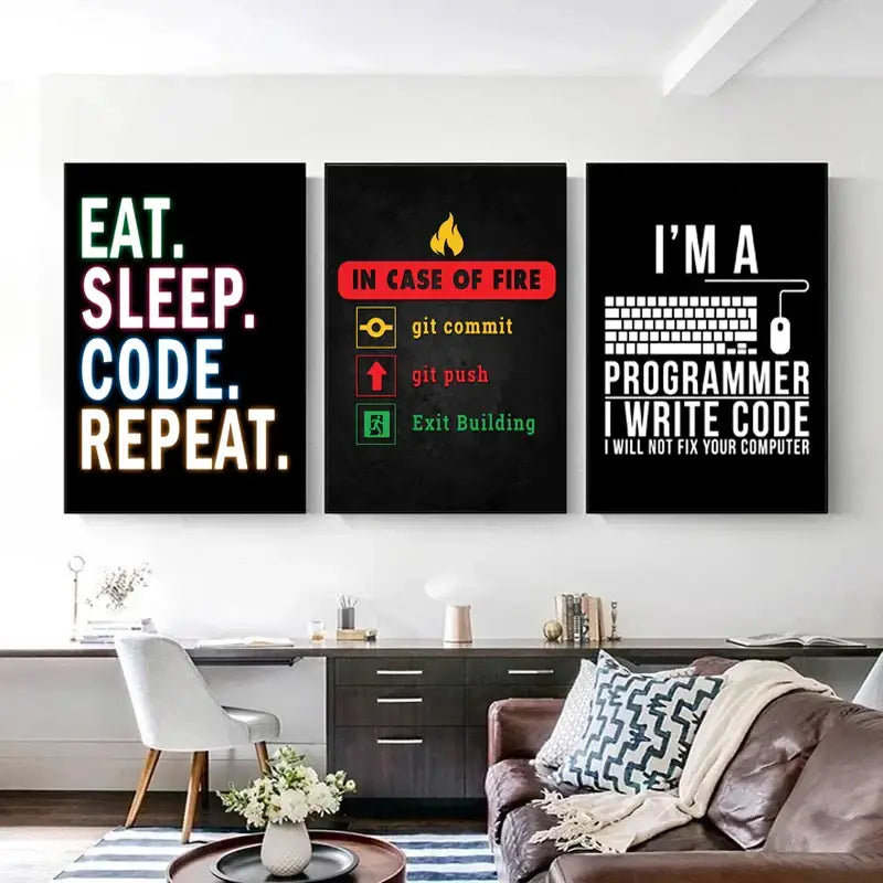 Three black framed decorbites™ abstract programmer gamer canvas wall art pieces with colorful programming text designs