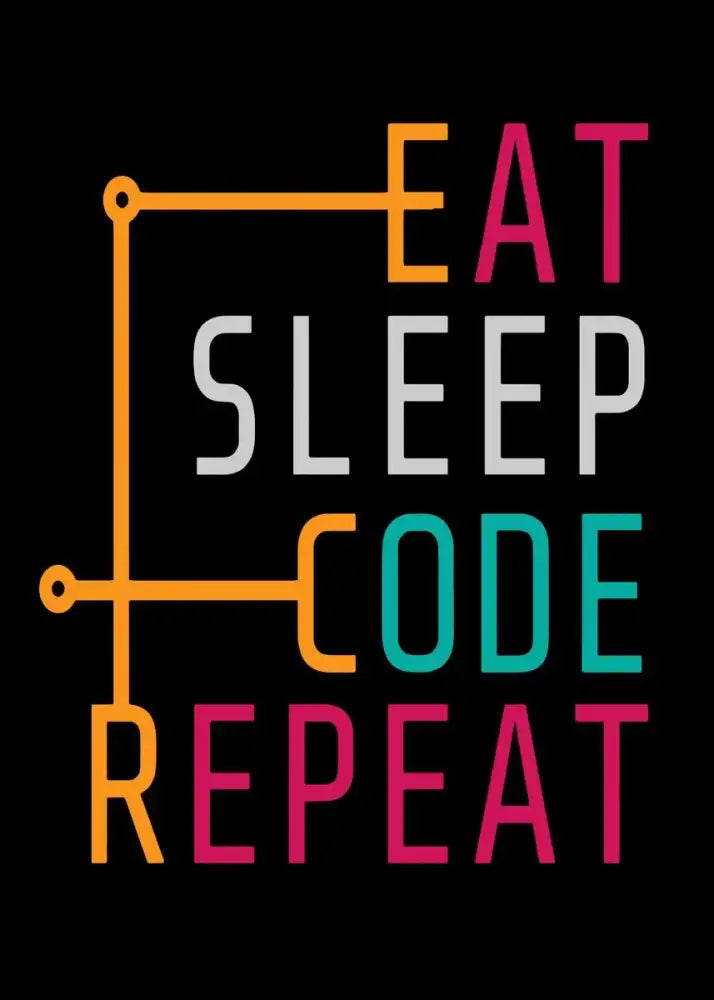DecorBites™ abstract programmer gamer canvas wall art with vibrant eat sleep code repeat text on black background
