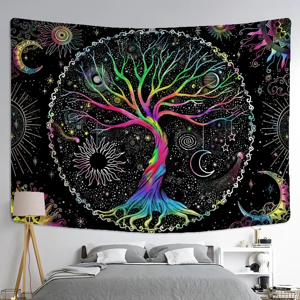 Abstract tree life tapestry wall hanging featuring vibrant rainbow colors and cosmic motifs on a black background
