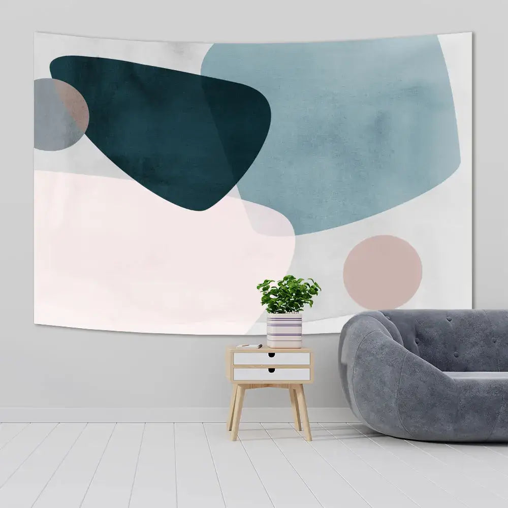 A modern abstract tapestry yoga mat with soft pastel and deep teal geometric shapes on white for living room decor